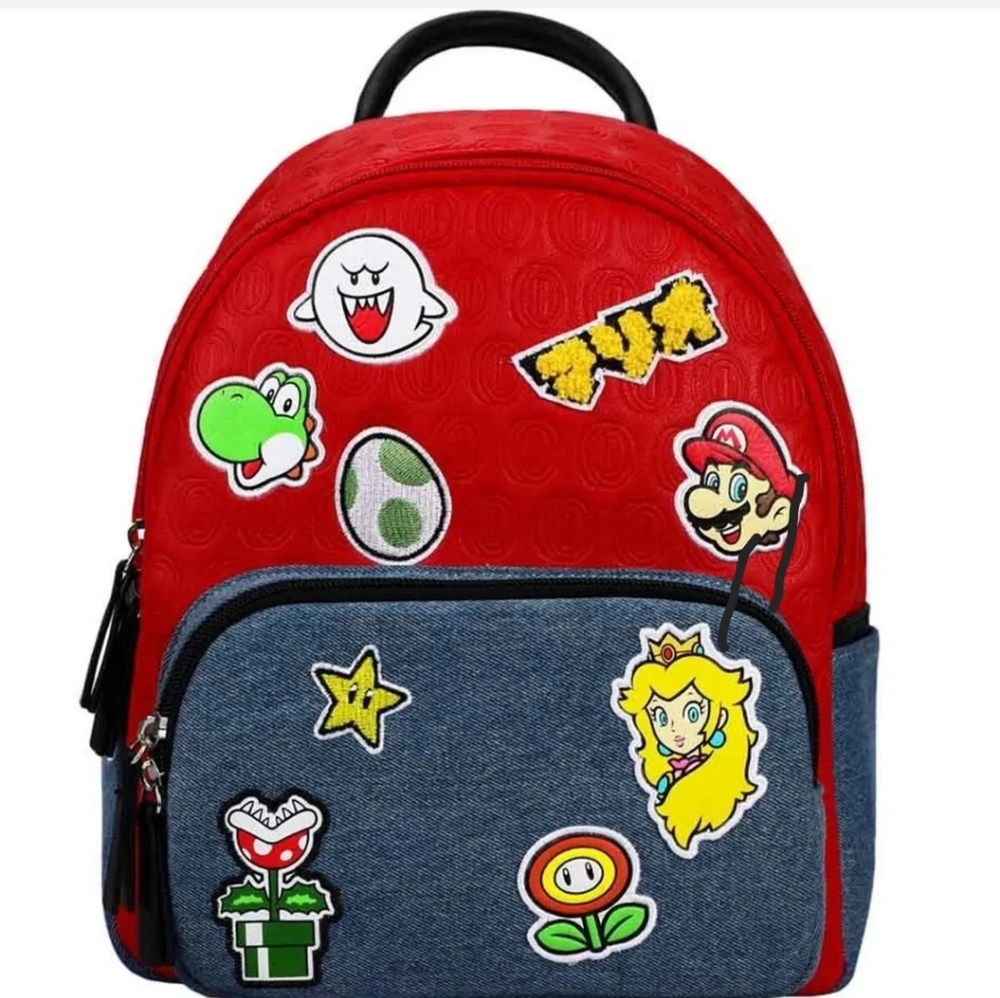 Super Mario Mini Backpack Icon Patches Yoshi Princess Peach 11x8x4 inches - New
